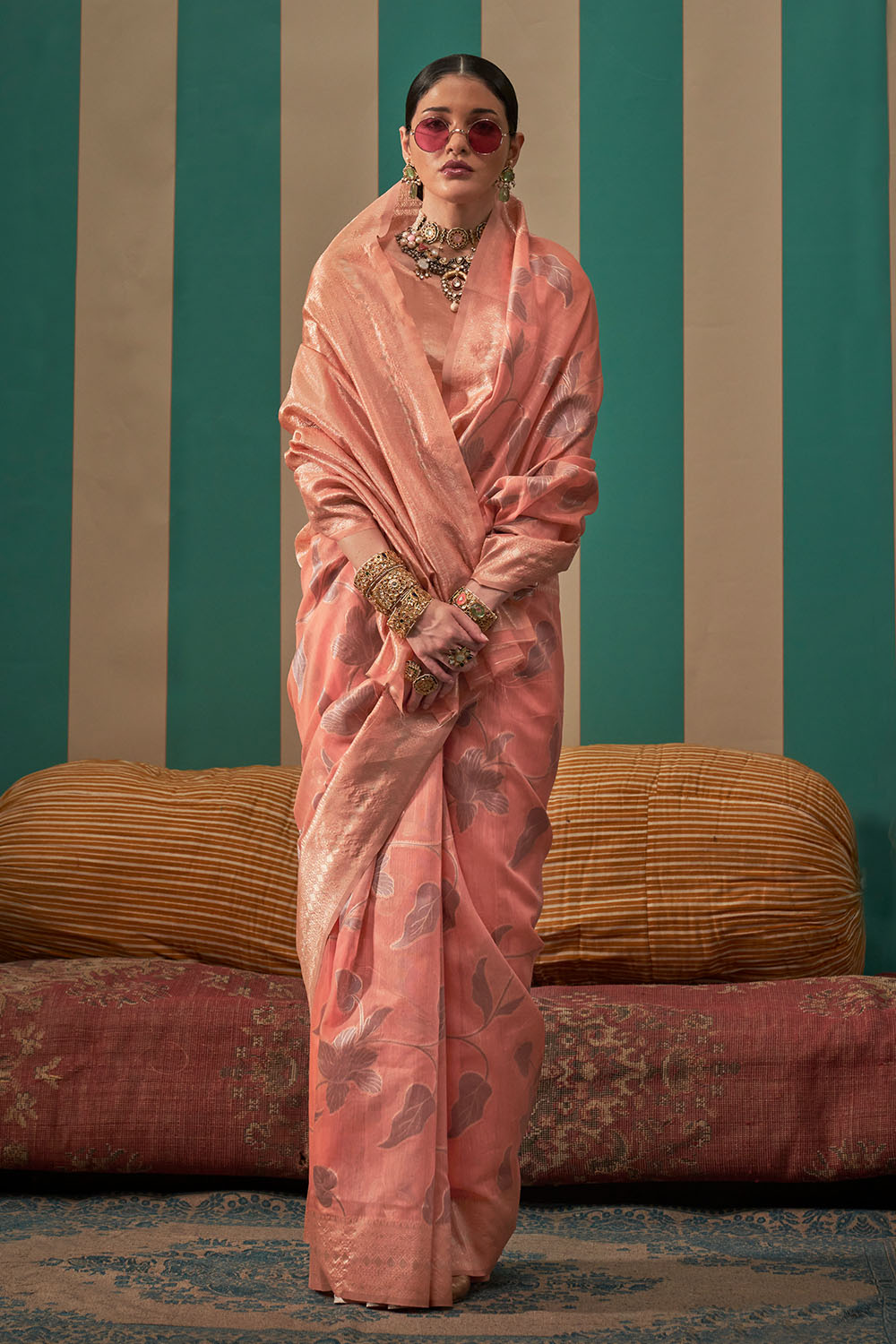 Nala Peach Silk Woven Ready to Wear One Minute Saree