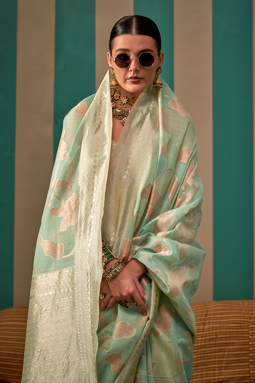 Nala Mint Green Silk Woven Ready to Wear One Minute Saree
