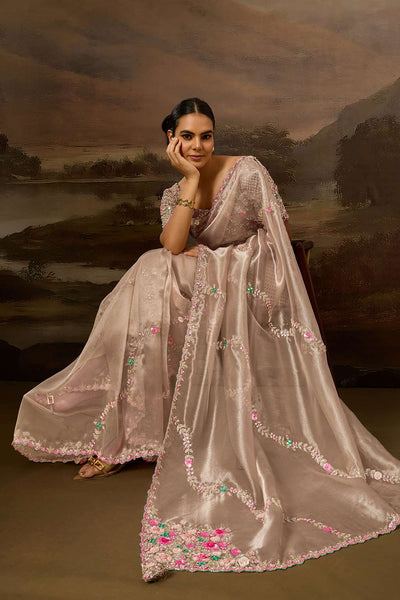Deana Luxe Dusty Rose Pink Tissue Organza Cutdana Mirror Work Ready to Wear Saree