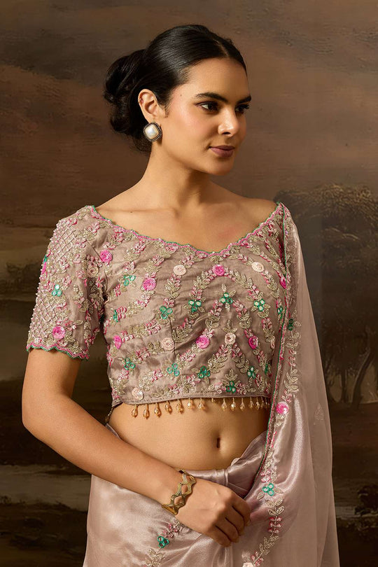 Deana Luxe Dusty Rose Pink Tissue Organza Cutdana Mirror Work Ready to Wear Saree