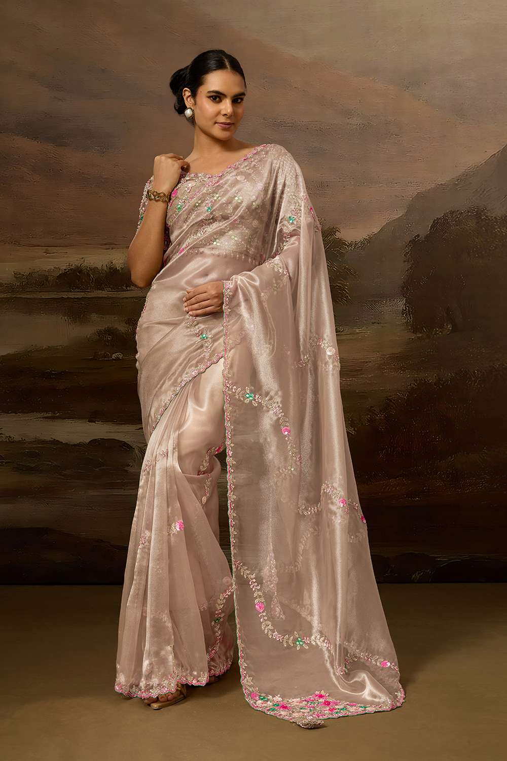 Deana Luxe Dusty Rose Pink Tissue Organza Cutdana Mirror Work Ready to Wear Saree