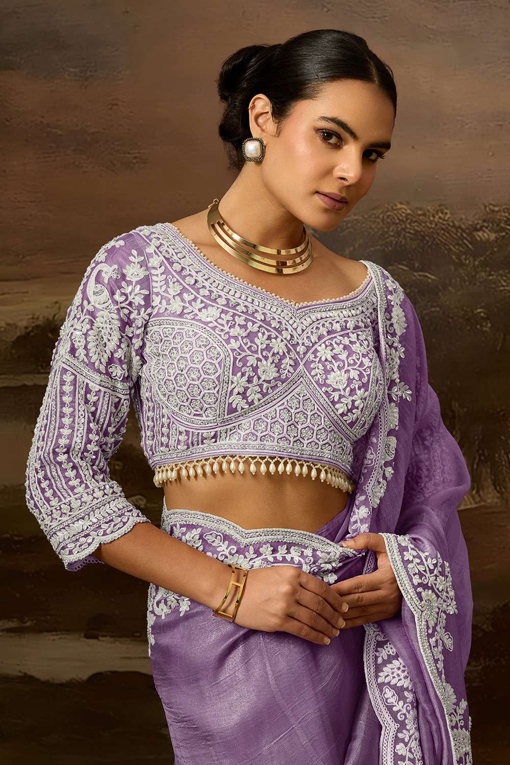 Kora Purple Soft Organza Embroidered Border Ready to Wear Saree