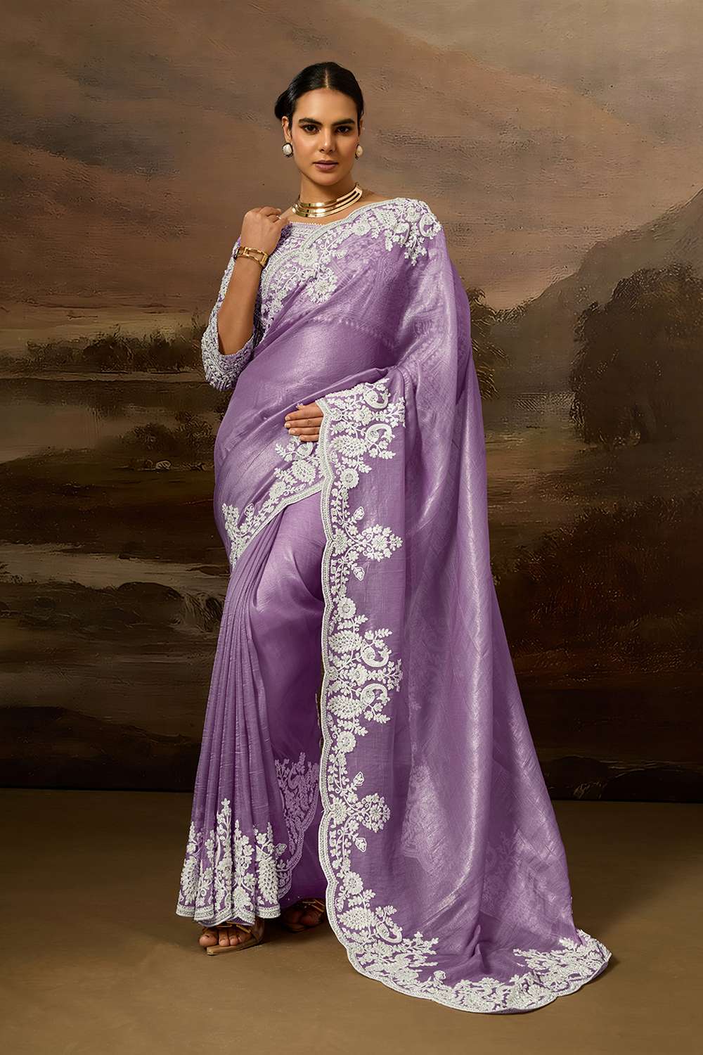 Kora Purple Soft Organza Embroidered Border Ready to Wear Saree