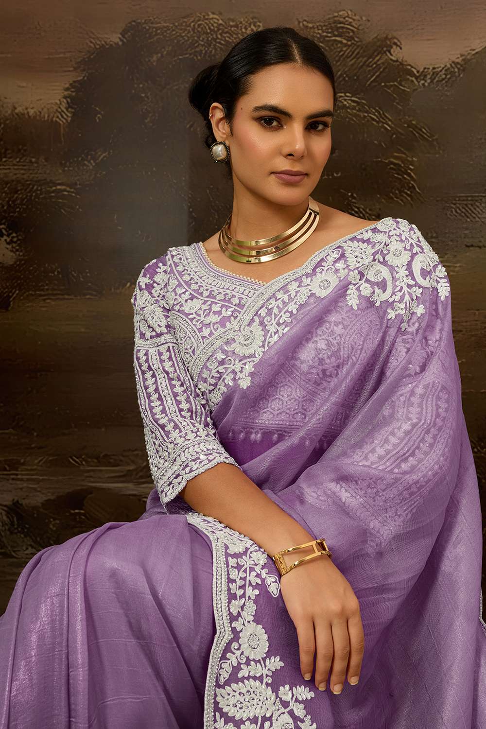 Kora Purple Soft Organza Embroidered Border Ready to Wear Saree