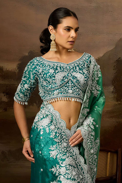 Fiora Luxe Teal Tissue Organza White Embroidered Border Ready to Wear Saree
