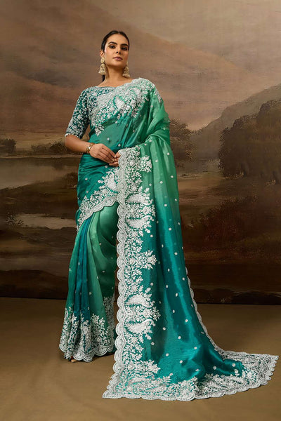 Fiora Luxe Teal Tissue Organza White Embroidered Border Ready to Wear Saree