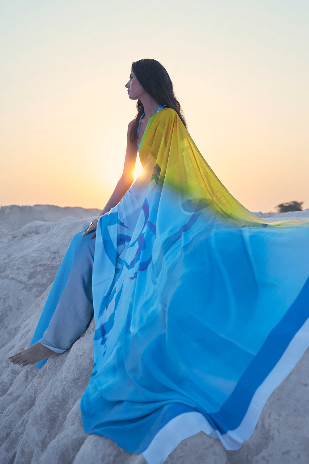 Trisha Blue & Yellow Printed Saree One Minute Saree