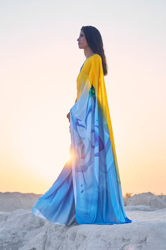 Trisha Blue & Yellow Printed Saree One Minute Saree