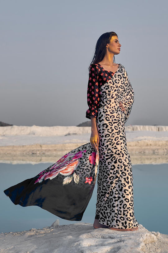 Trisha White Leopard Print Saree One Minute Saree