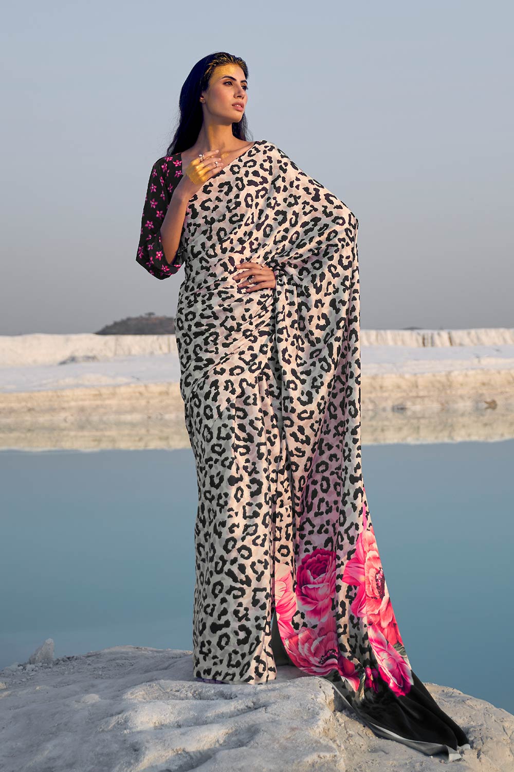 Trisha White Leopard Print Saree One Minute Saree