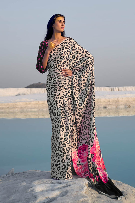 Trisha White Leopard Print Saree One Minute Saree