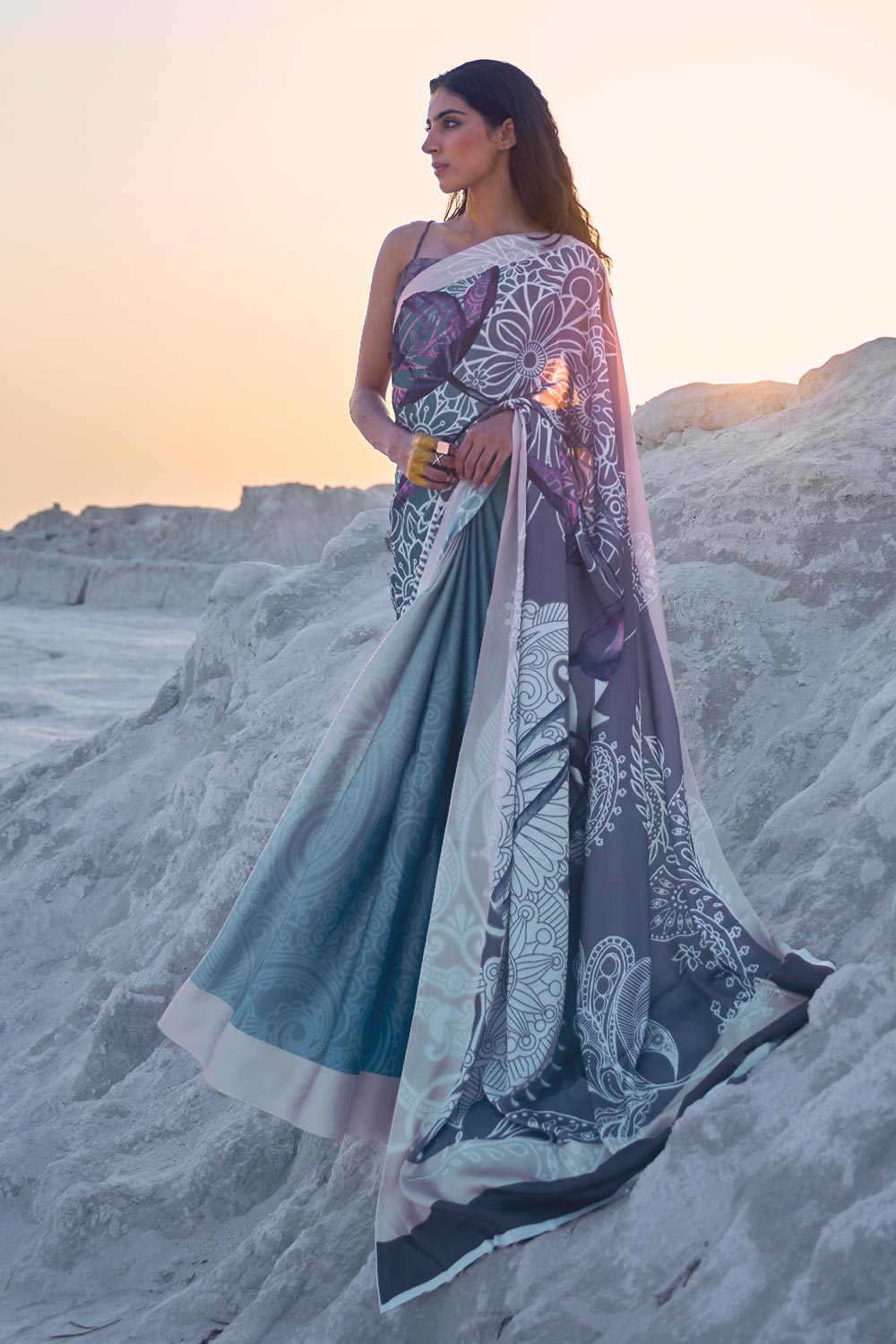 Trisha Grey Printed Saree One Minute Saree