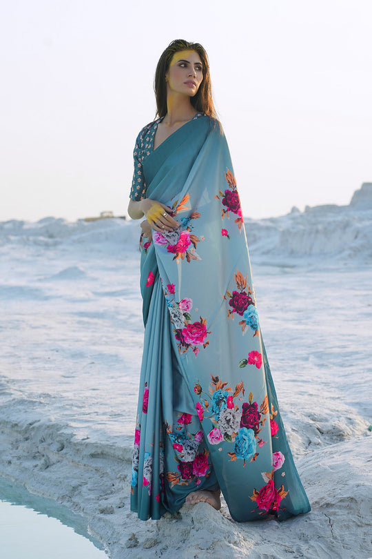 Trisha Bluish Grey Floral Printed Saree One Minute Saree