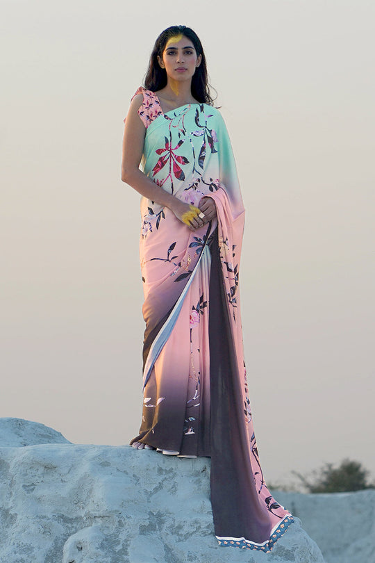 Trisha Peach & Green Digital Printed Saree One Minute Saree