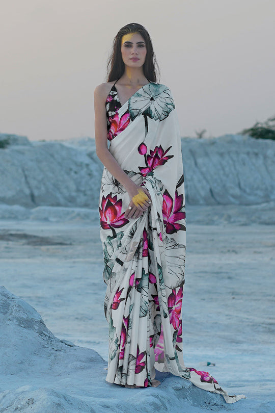 Trisha White Floral Printed Saree One Minute Saree