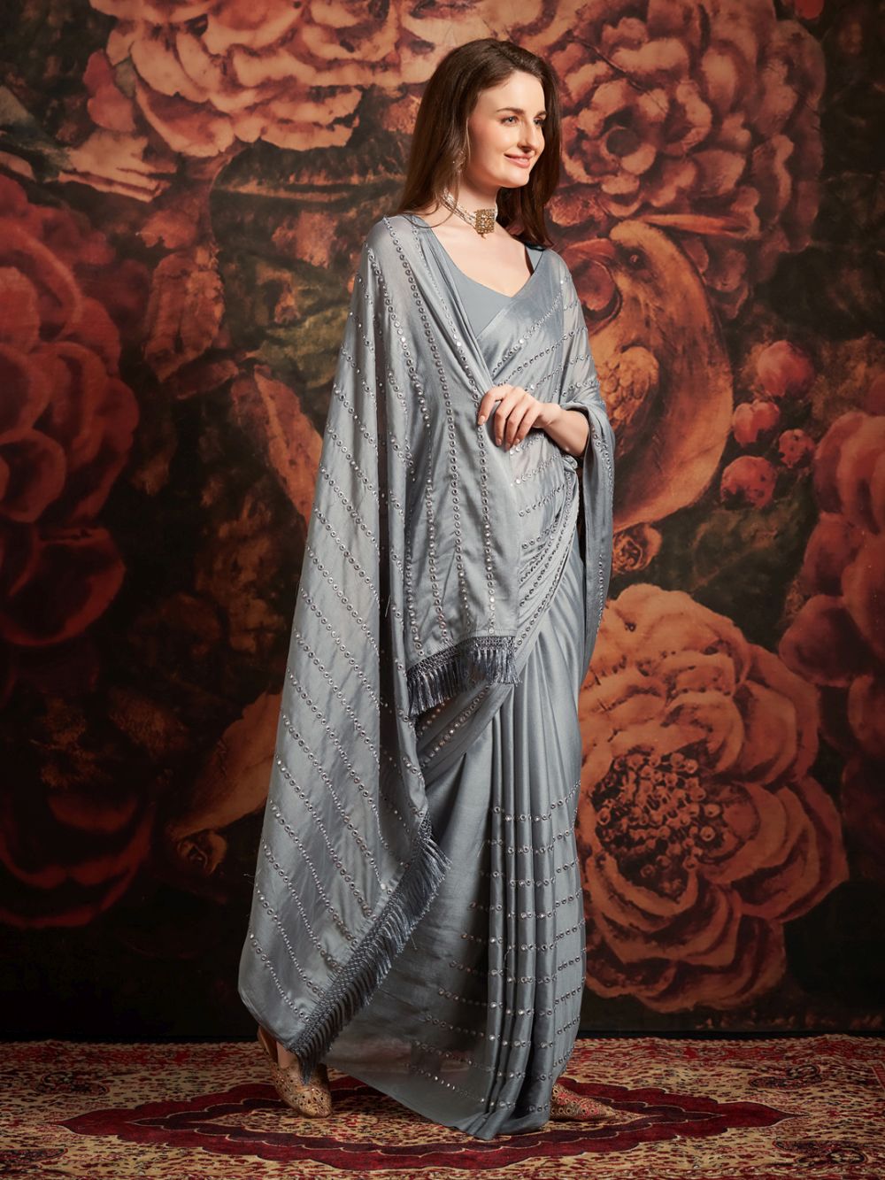 Naomi Grey Georgette Mirror Sequin One Minute Saree