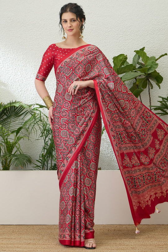 Anouk Red Modal Classic Ajrakh Printed Ready to Wear One Minute Saree