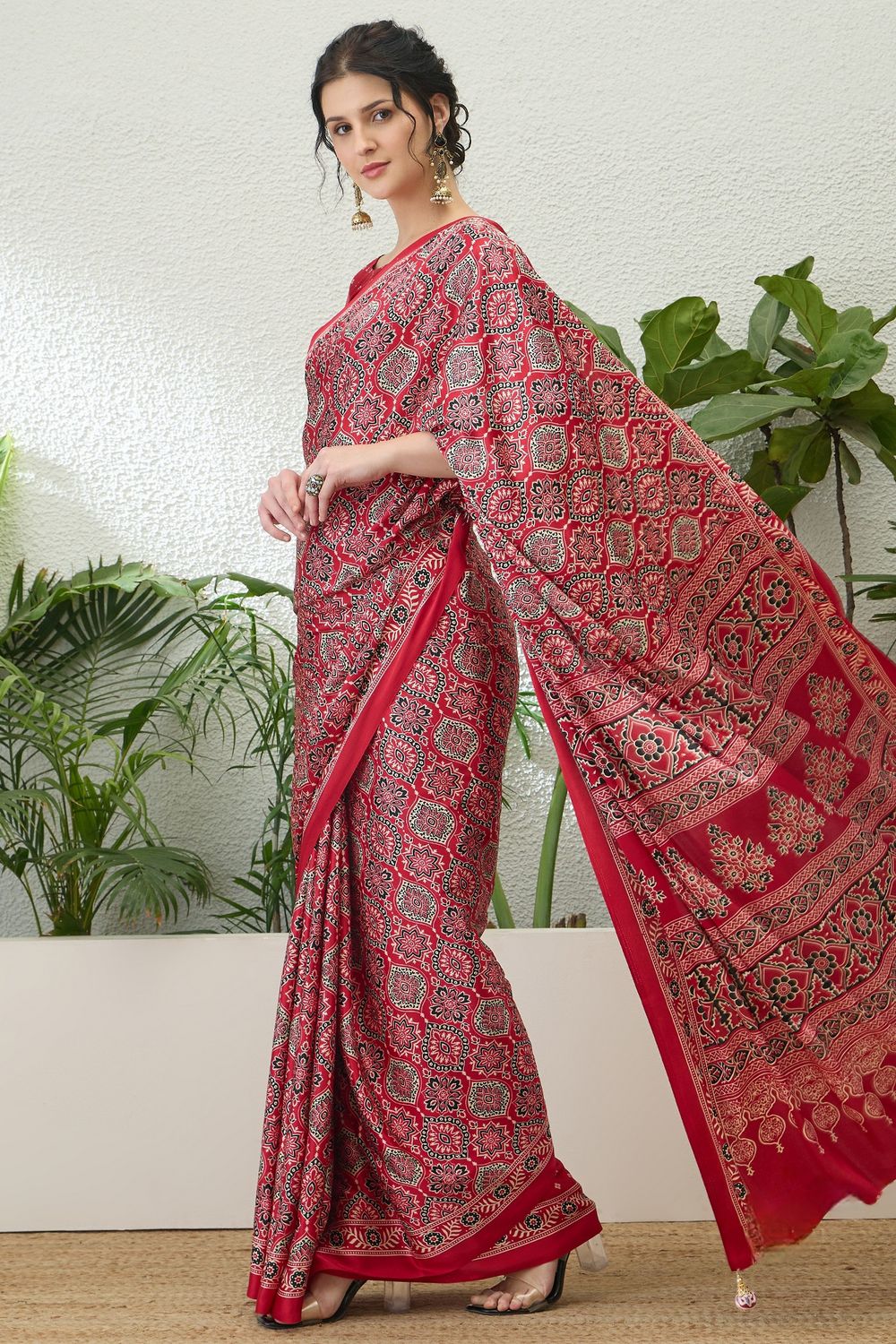 Anouk Red Modal Classic Ajrakh Printed Ready to Wear One Minute Saree