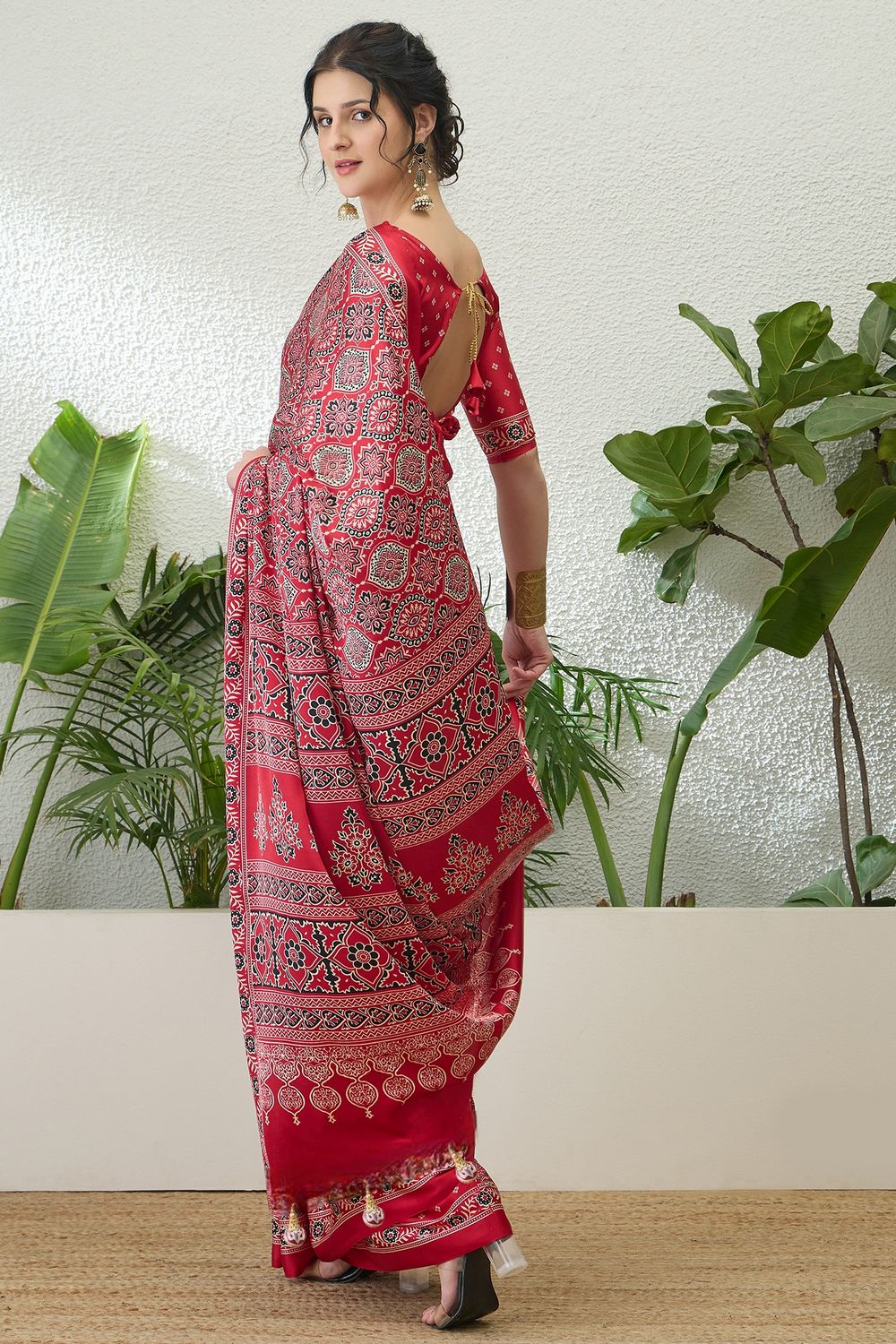 Anouk Red Modal Classic Ajrakh Printed Ready to Wear One Minute Saree