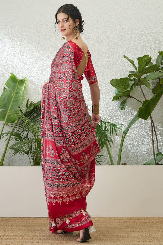 Anouk Red Modal Classic Ajrakh Printed Ready to Wear One Minute Saree