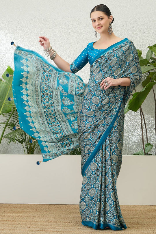 Anouk Teal Blue Modal Classic Ajrakh Printed Ready to Wear One Minute Saree