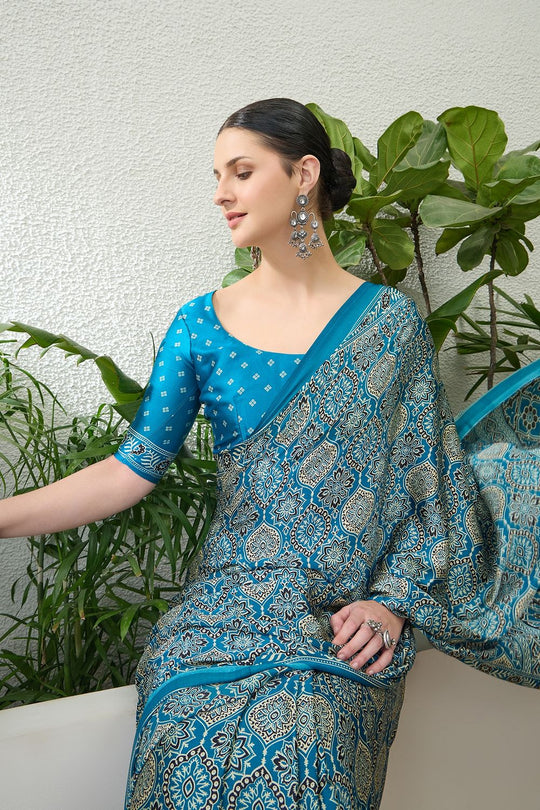 Anouk Teal Blue Modal Classic Ajrakh Printed Ready to Wear One Minute Saree