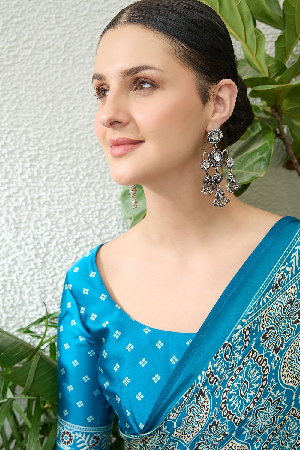 Anouk Teal Blue Modal Classic Ajrakh Printed Ready to Wear One Minute Saree