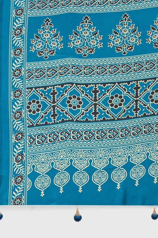 Anouk Teal Blue Modal Classic Ajrakh Printed Ready to Wear One Minute Saree