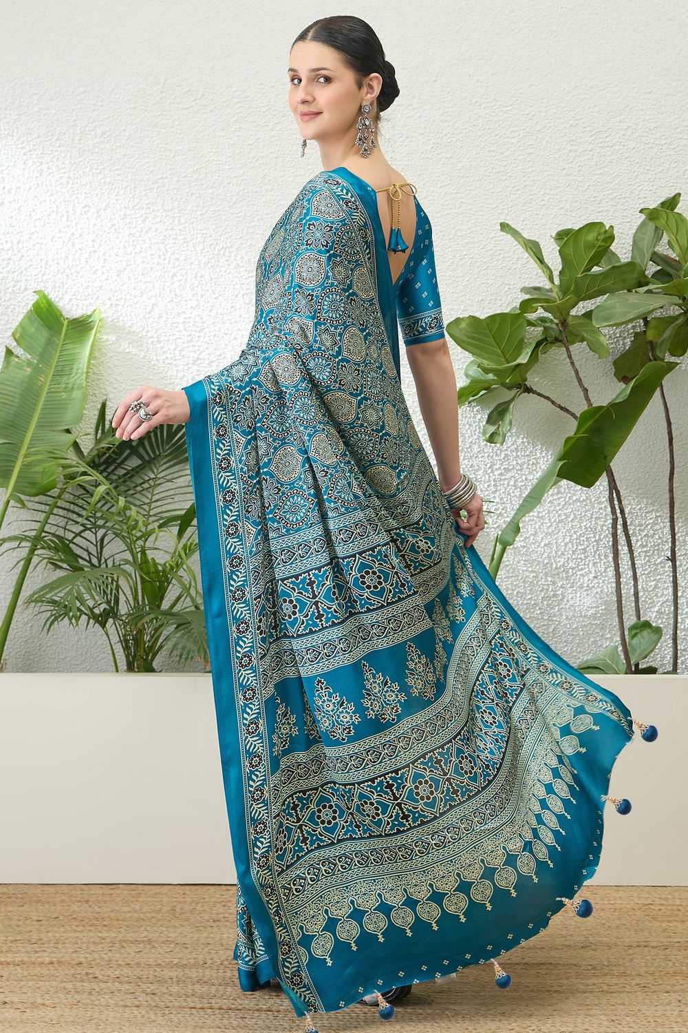 Anouk Teal Blue Modal Classic Ajrakh Printed Ready to Wear One Minute Saree