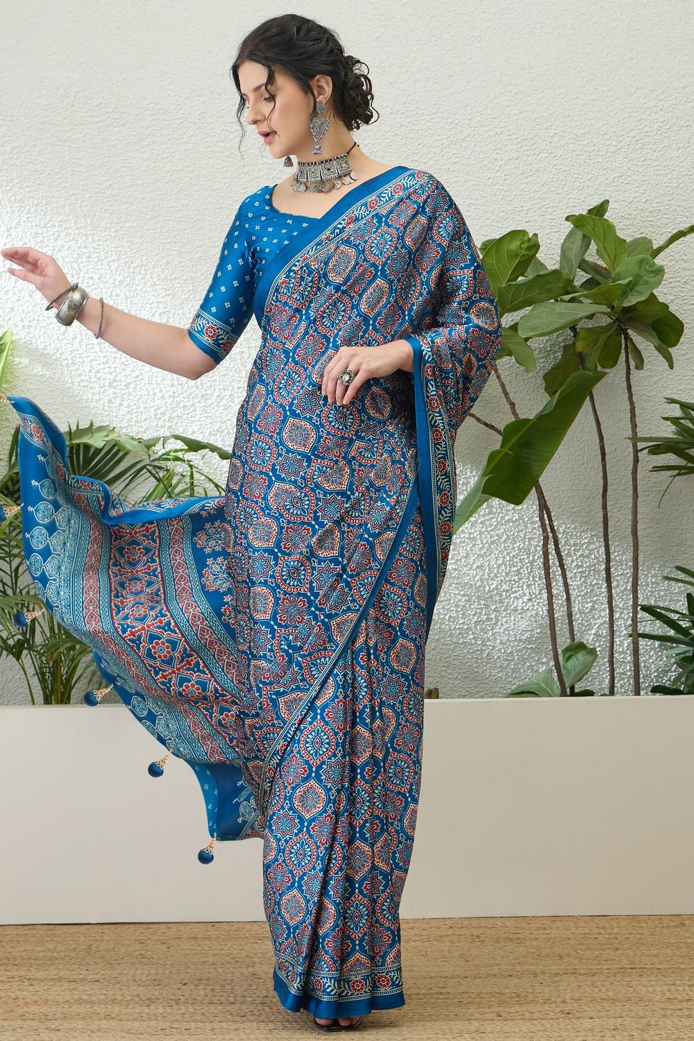 Anouk Blue Modal Classic Ajrakh Printed Ready to Wear One Minute Saree
