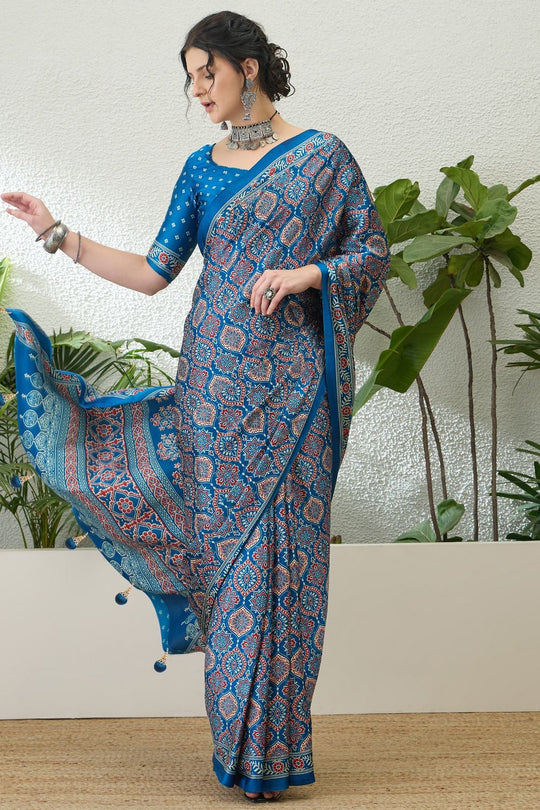 Anouk Blue Modal Classic Ajrakh Printed Ready to Wear One Minute Saree