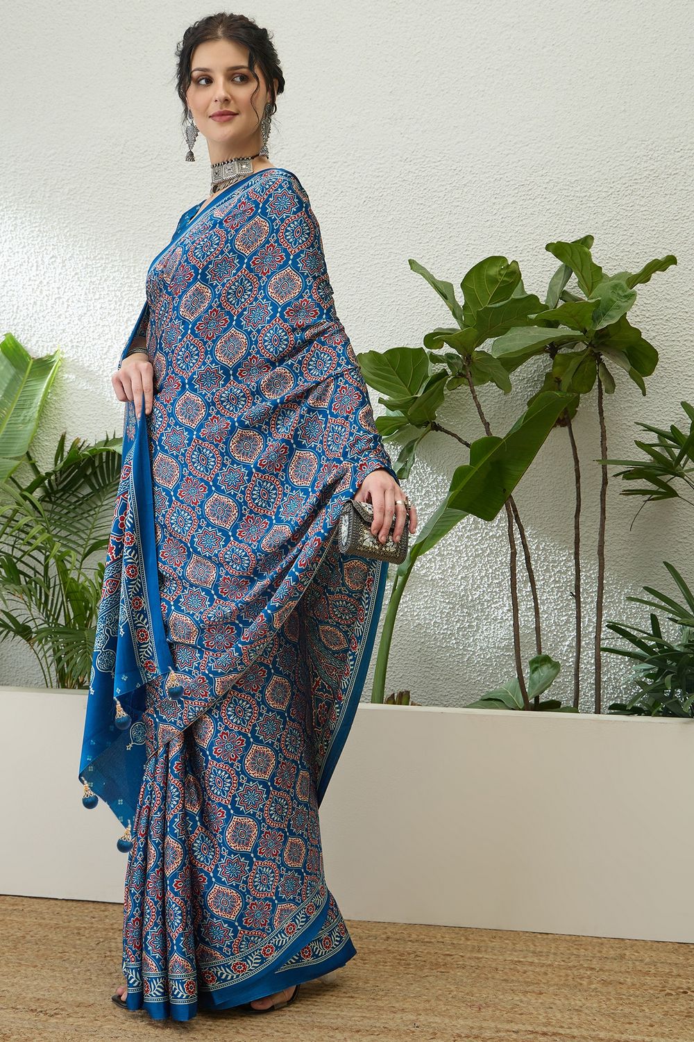 Anouk Blue Modal Classic Ajrakh Printed Ready to Wear One Minute Saree