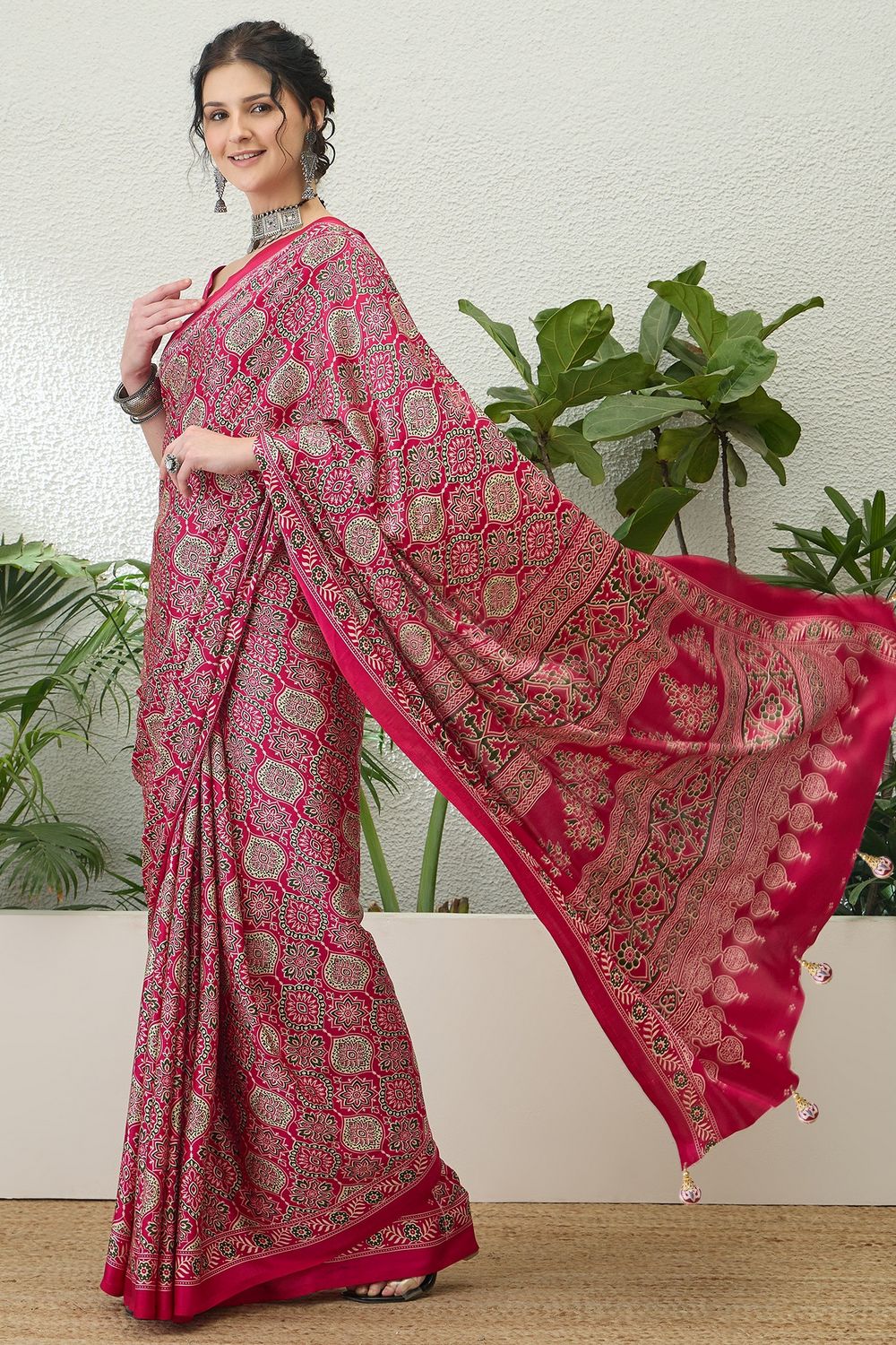 Anouk Pink Modal Classic Ajrakh Printed Ready to Wear One Minute Saree
