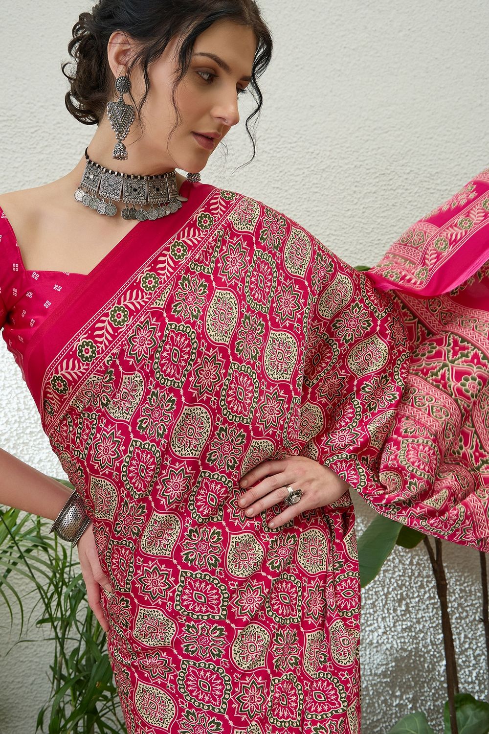 Anouk Pink Modal Classic Ajrakh Printed Ready to Wear One Minute Saree