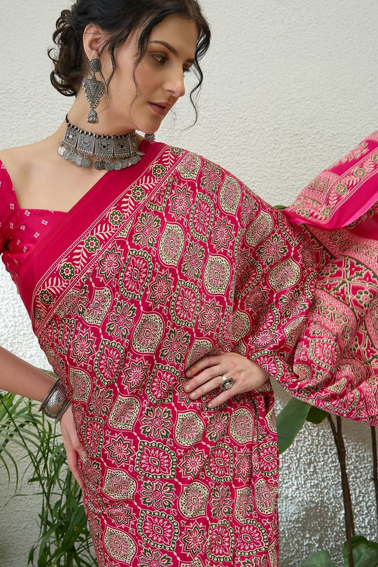 Anouk Pink Modal Classic Ajrakh Printed Ready to Wear One Minute Saree