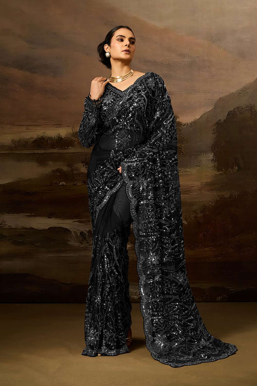 Orion Luxe Black Net Beaded Sequin Ready to Wear Saree