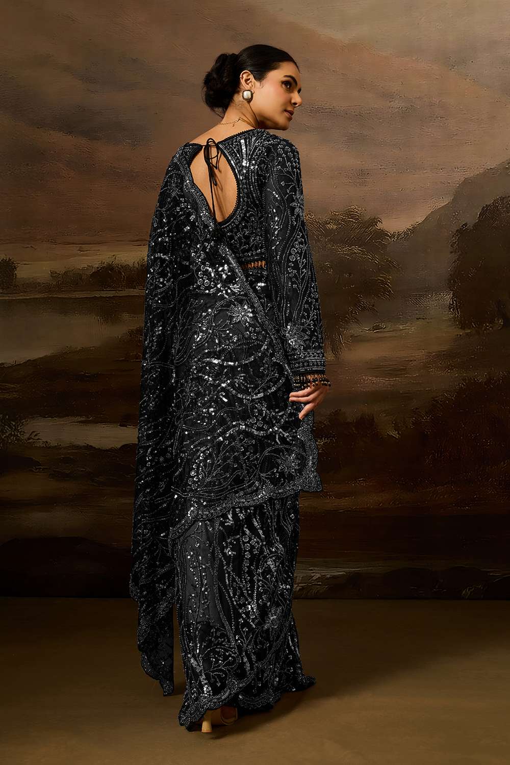 Orion Luxe Black Net Beaded Sequin Ready to Wear Saree