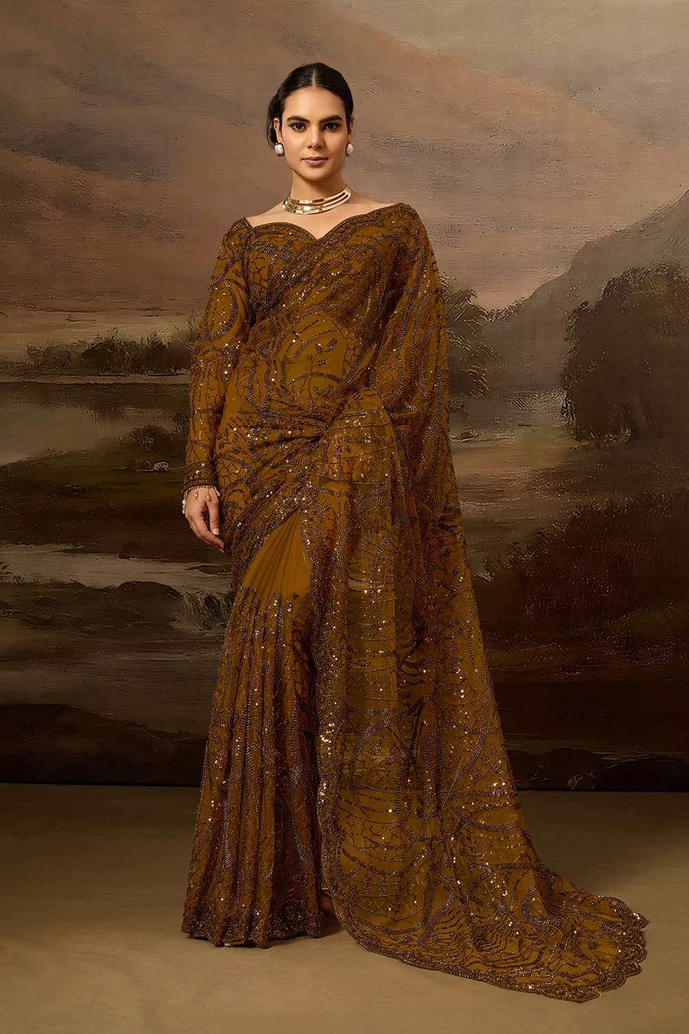 Briana Luxe Bronze Brown Net Beaded Sequin  Ready to Wear Saree