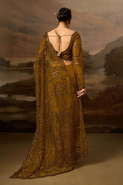 Briana Luxe Bronze Brown Net Beaded Sequin  Ready to Wear Saree