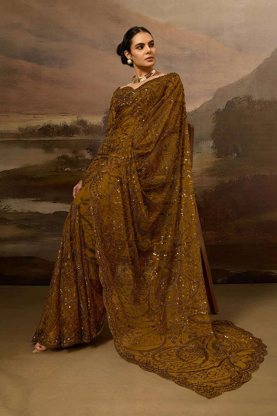 Briana Luxe Bronze Brown Net Beaded Sequin  Ready to Wear Saree