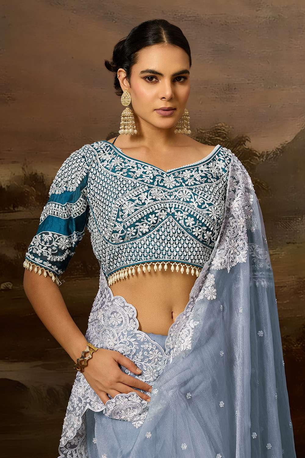 Lorna Sky Blue Tissue Organza White Embroidered Border One Minute Saree