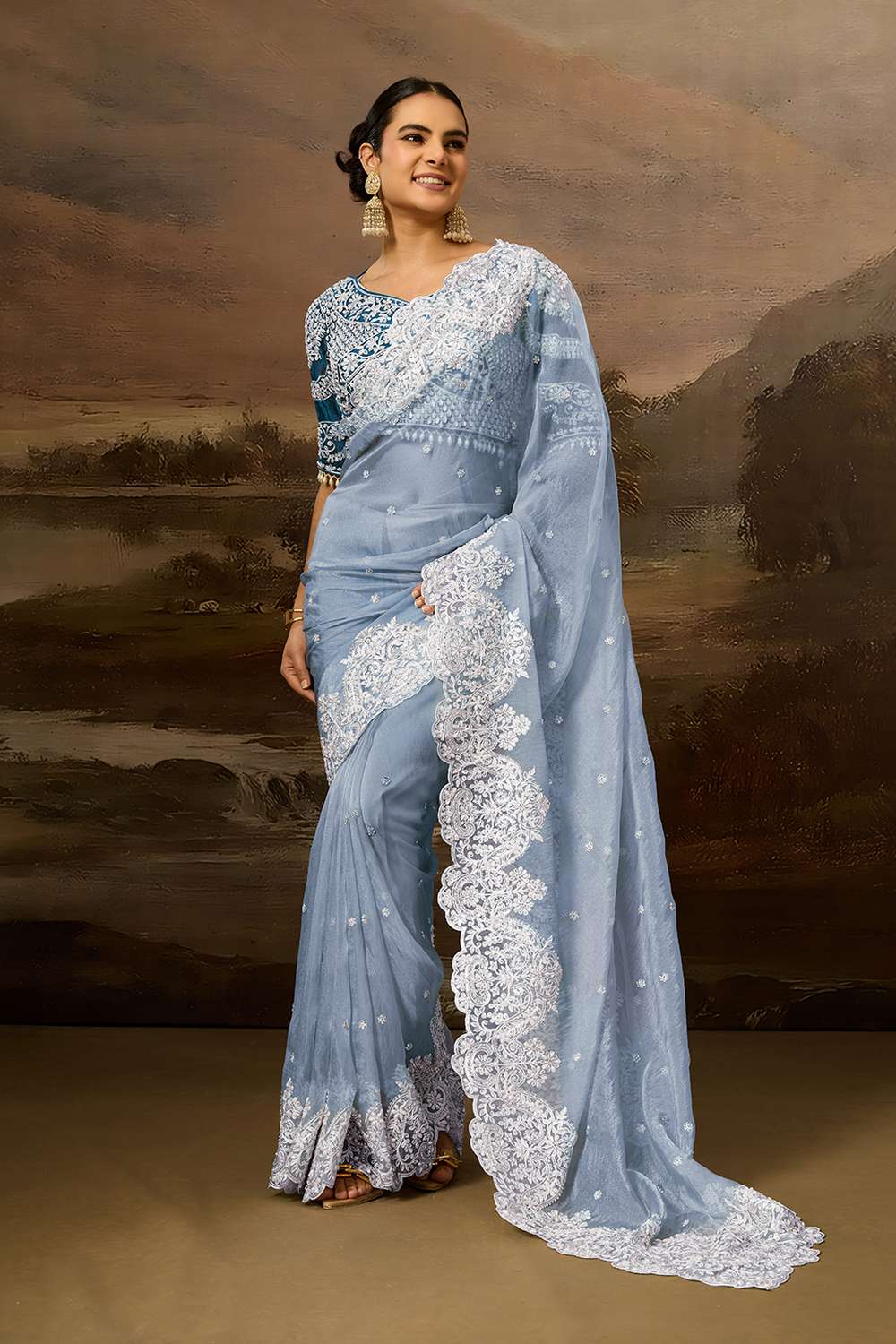 Lorna Sky Blue Tissue Organza White Embroidered Border One Minute Saree