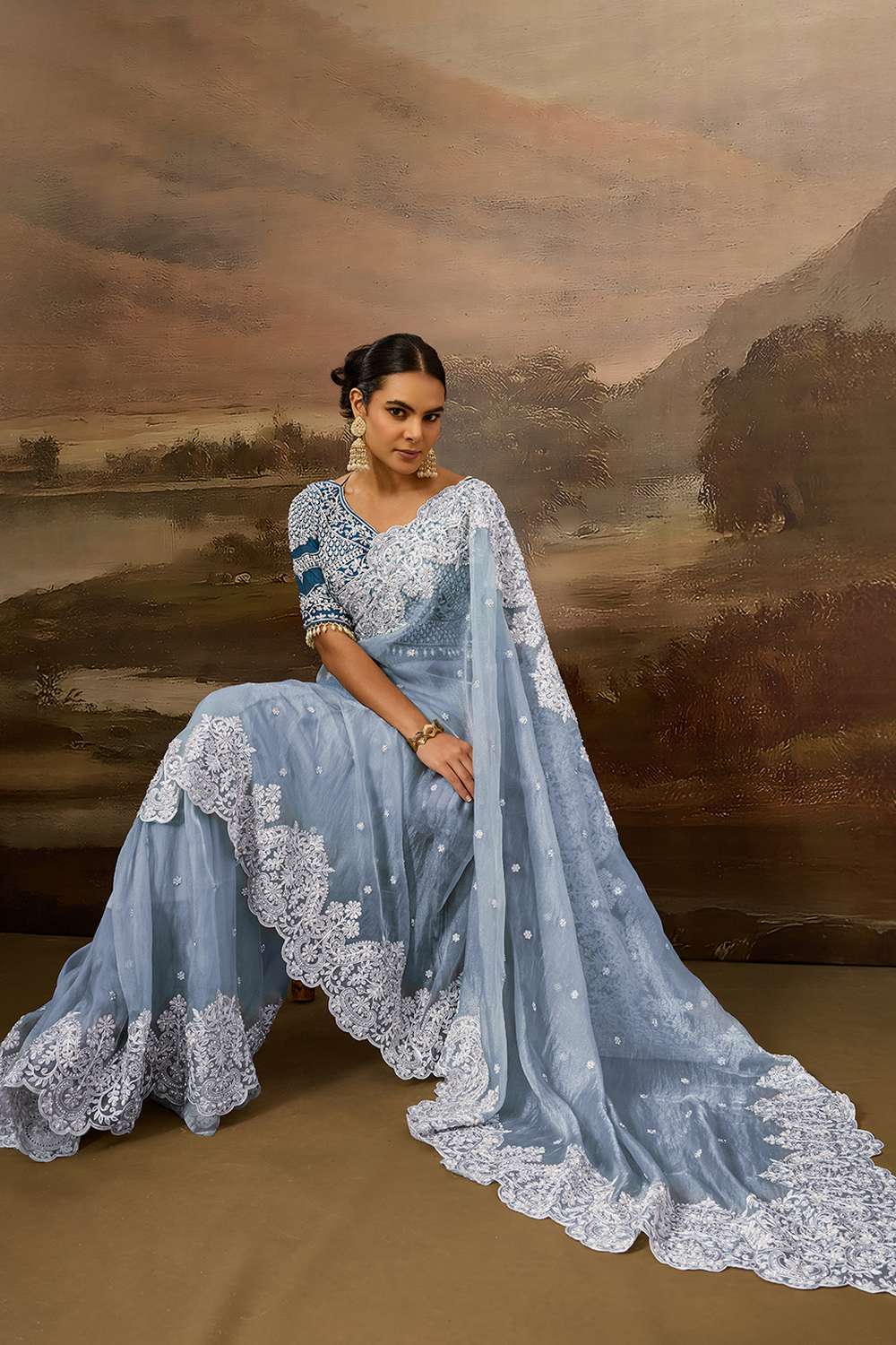 Lorna Sky Blue Tissue Organza White Embroidered Border One Minute Saree