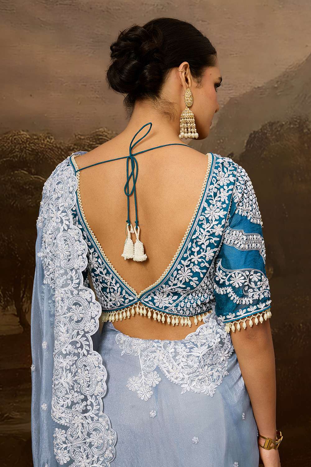 Lorna Sky Blue Tissue Organza White Embroidered Border One Minute Saree