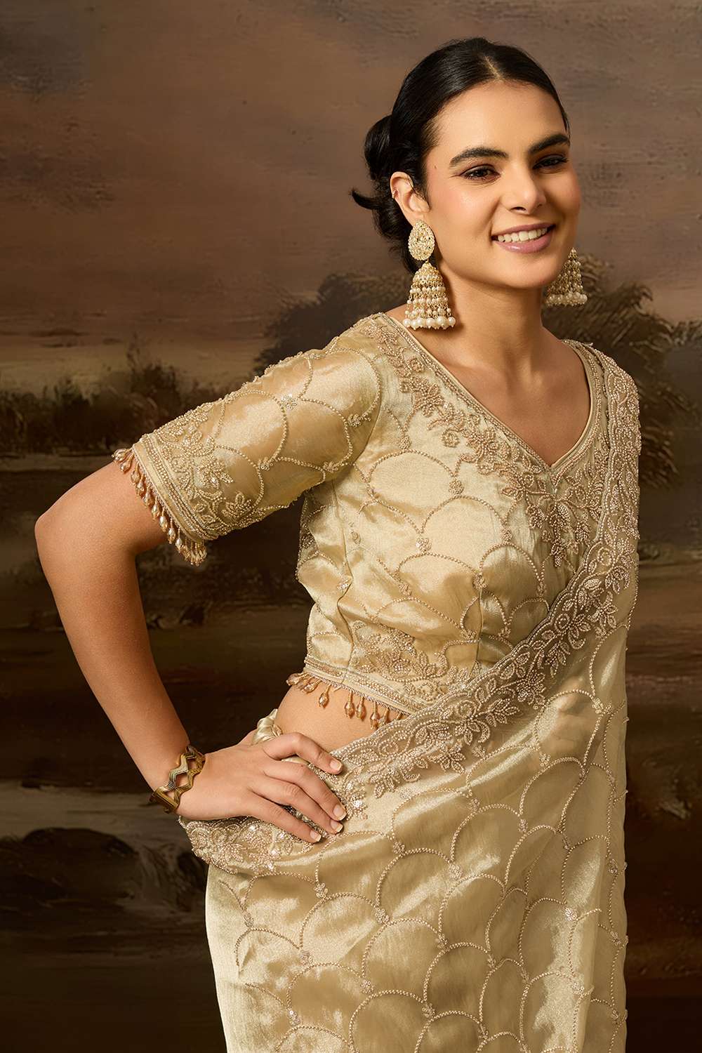 Kylie Luxe Gold Tissue Organza Beaded Sequin Ready to Wear Saree