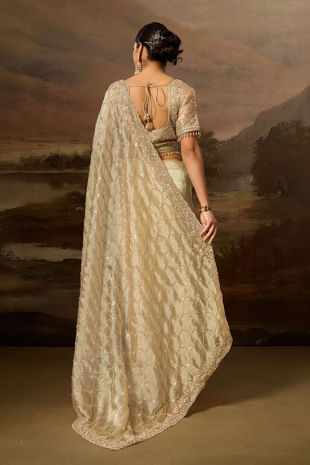 Kylie Luxe Gold Tissue Organza Beaded Sequin Ready to Wear Saree