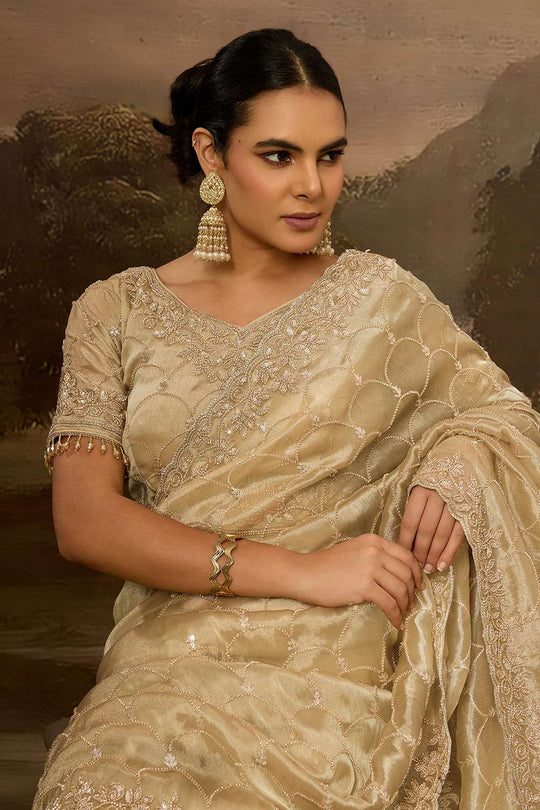 Kylie Luxe Gold Tissue Organza Beaded Sequin Ready to Wear Saree