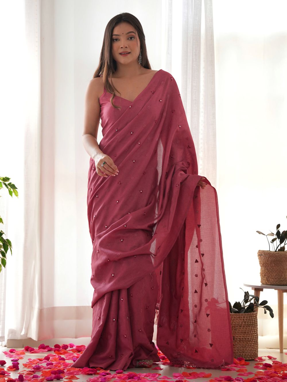 Kavita Pink Silk Printed One Minute Saree