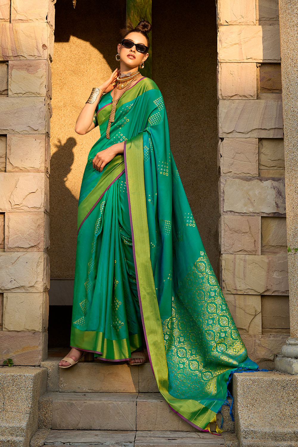 Giselle Soft Satin Silk Green Satin  One Minute Saree