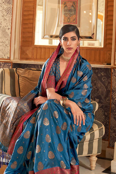Aarya Blue Handloom Weaving Silk One Minute Saree